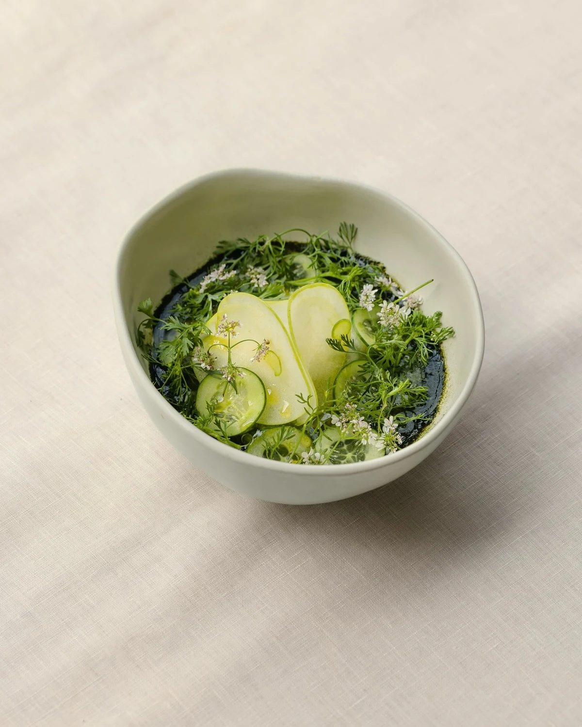 Aguachile verde de camarón con láminas de manzana, pepino y algas.